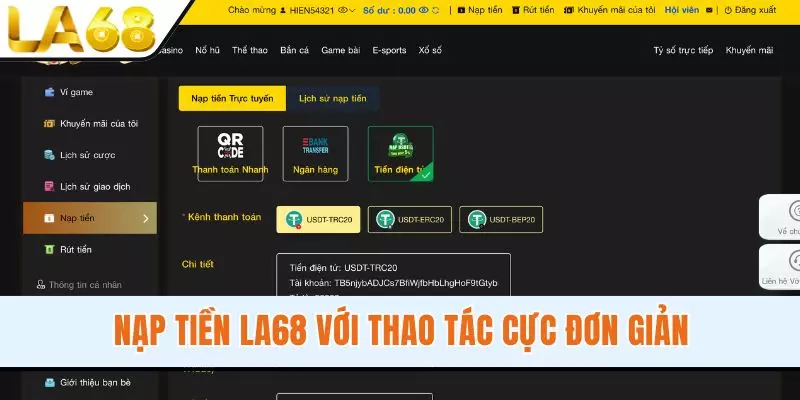 Nạp tiền LA68 với thao tác cực đơn giản